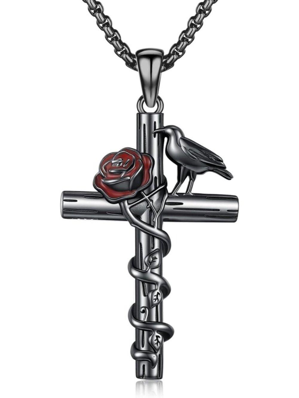 Gothic Cross Necklace for Men & Women, 925 Sterling Silver with Crow & Red Rose
